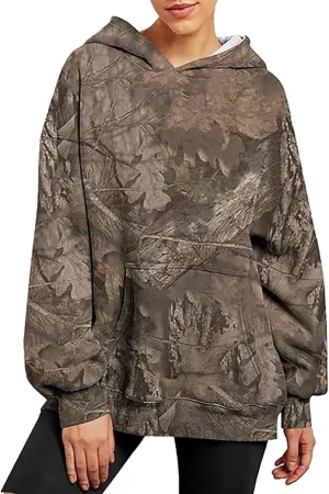 Women's Camo Hoodie Oversized Sweatshirt Maple-Leaf Print Long Sleeve Hoodies With Pocket Casual Fall Pullover