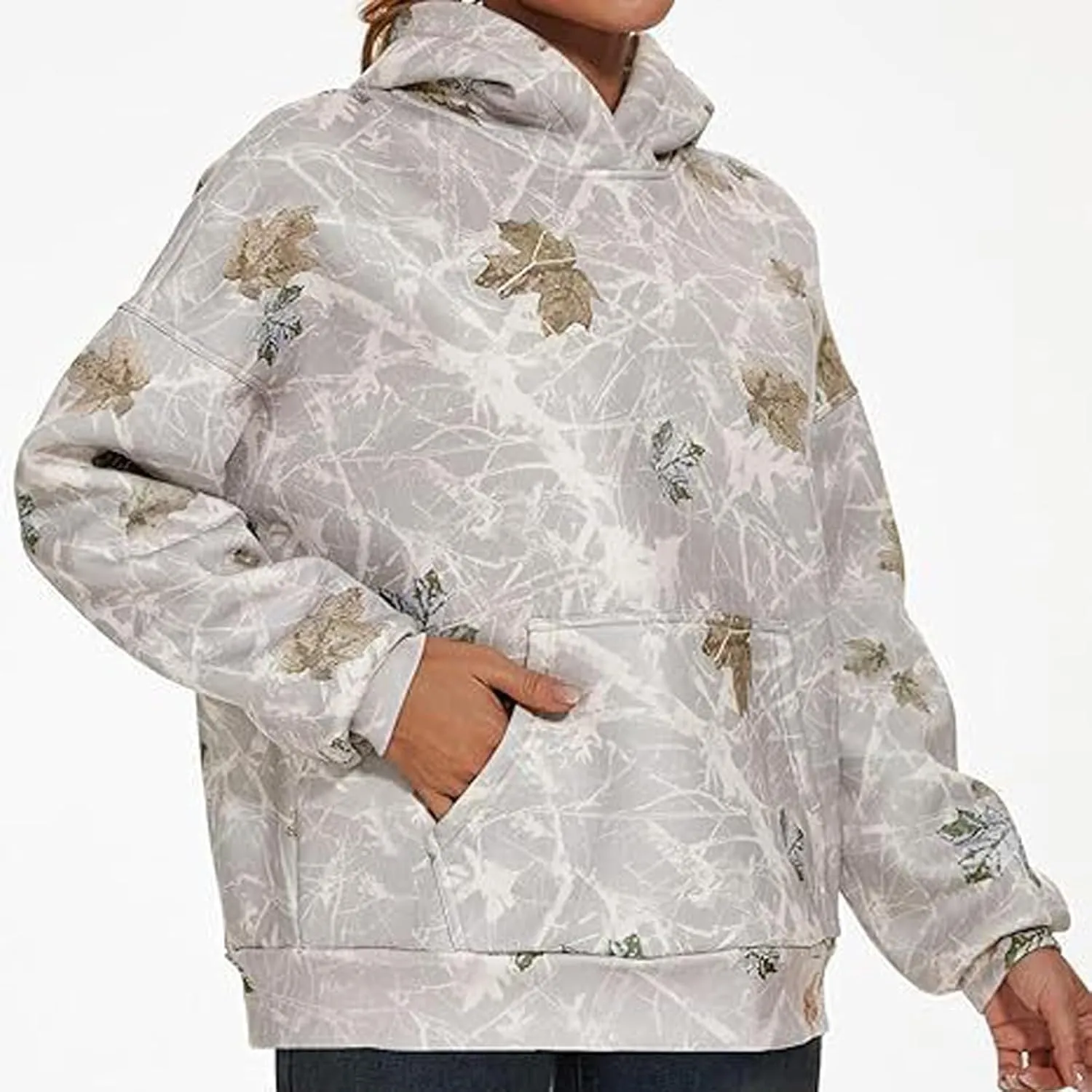 Women's Camo Hoodie Oversized Sweatshirt Maple-Leaf Print Long Sleeve Hoodies With Pocket Casual Fall Pullover