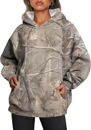 Women's Camo Hoodie Oversized Sweatshirt Maple-Leaf Print Long Sleeve Hoodies With Pocket Casual Fall Pullover