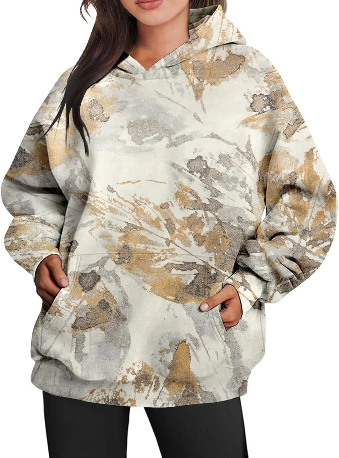 Women's Camo Hoodie Oversized Sweatshirt Maple-Leaf Print Long Sleeve Hoodies With Pocket Casual Fall Pullover