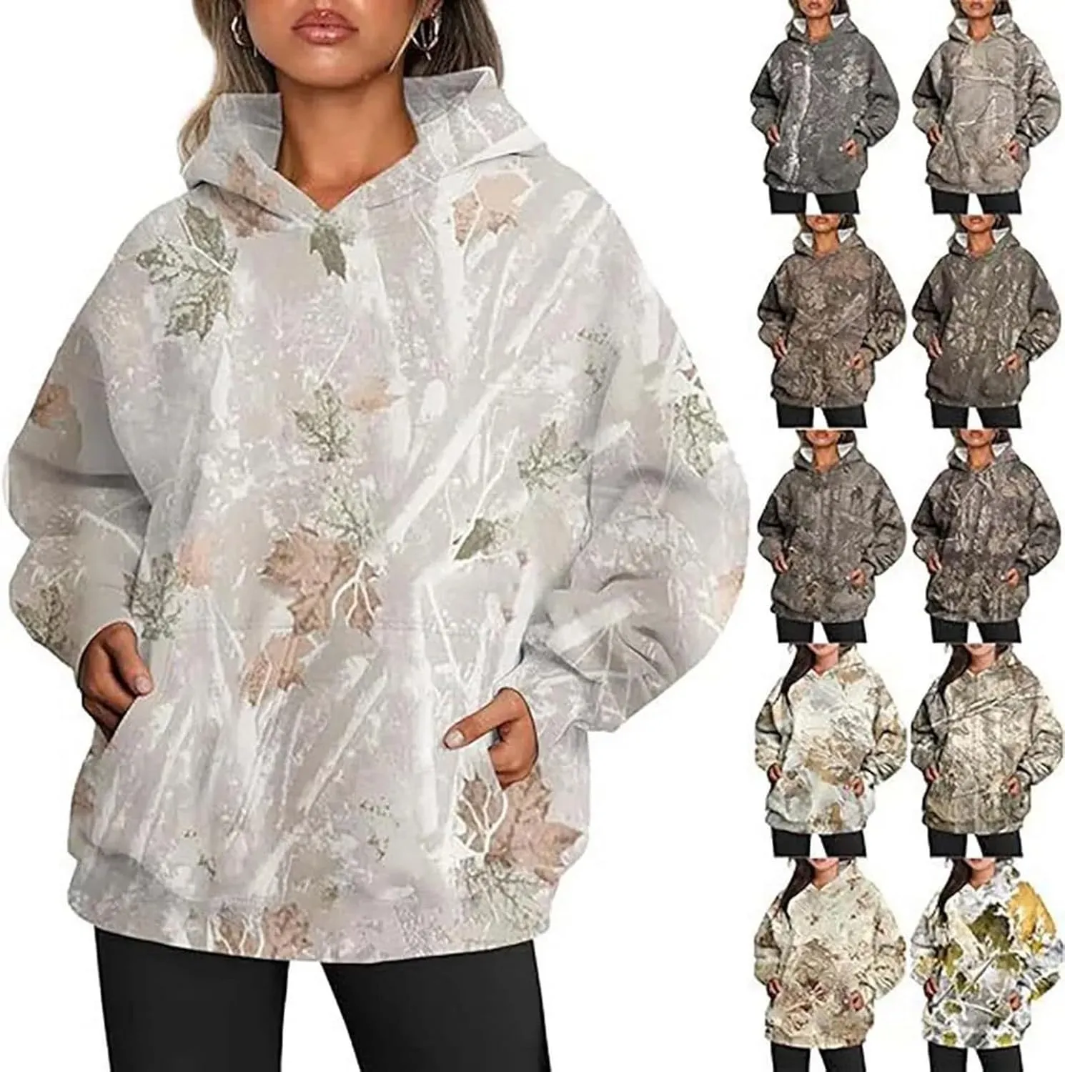 Women's Camo Hoodie Oversized Sweatshirt Maple-Leaf Print Long Sleeve Hoodies With Pocket Casual Fall Pullover