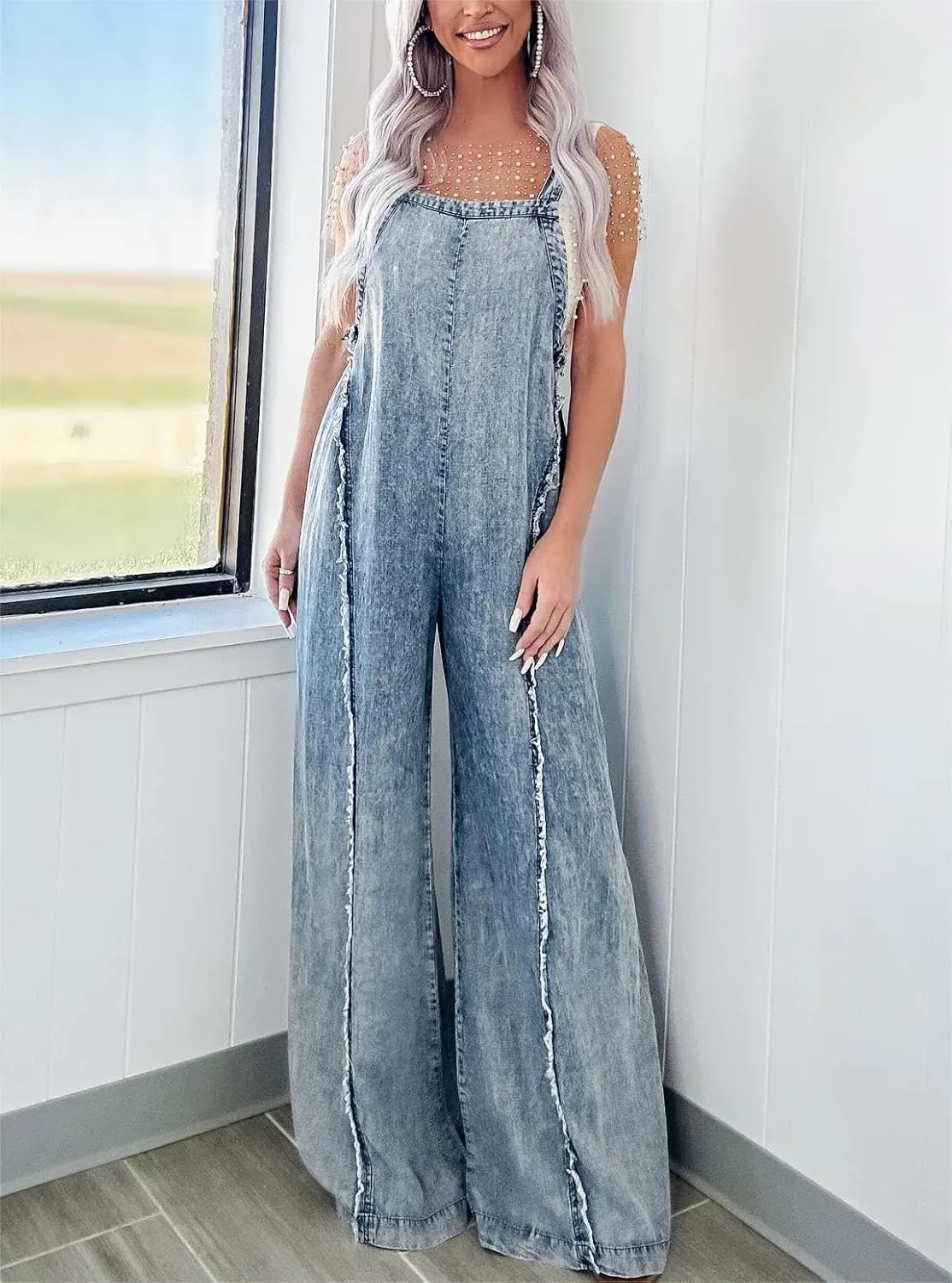 Women's Casual Denim Jumpsuit Sleeveless Adjustable Strap Frayed Jeans Wide Leg Long Pants Rompers