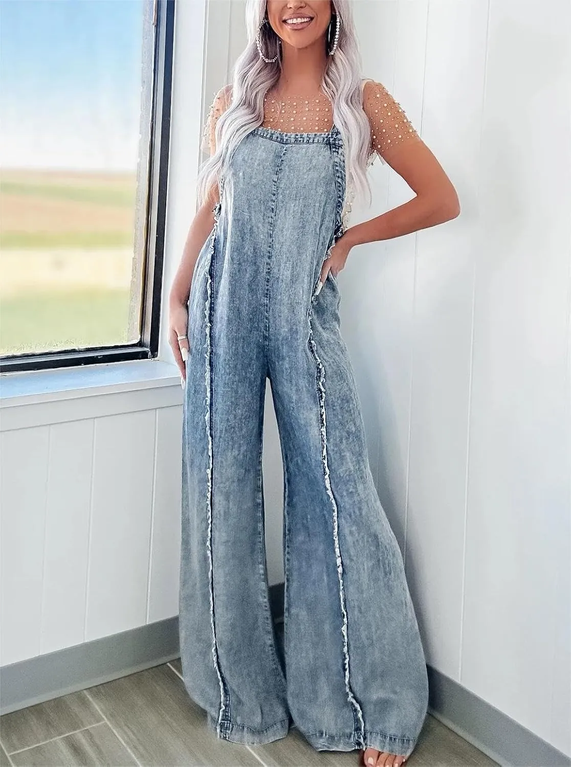Women's Casual Denim Jumpsuit Sleeveless Adjustable Strap Frayed Jeans Wide Leg Long Pants Rompers