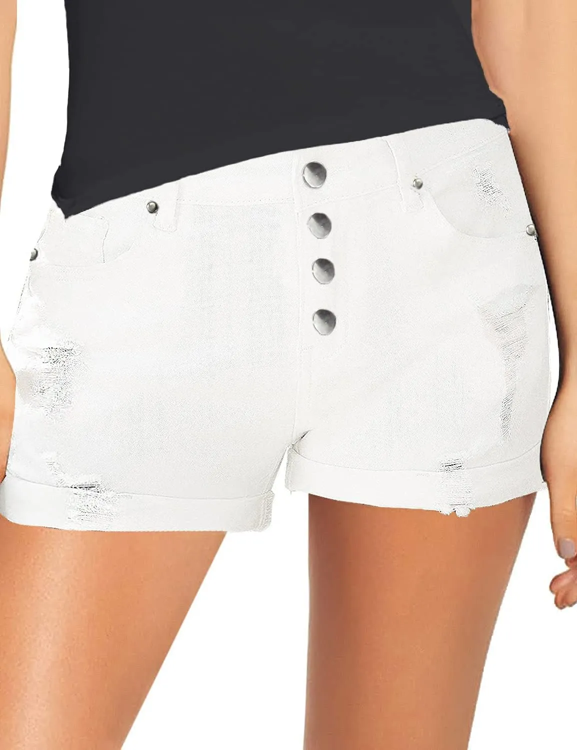 Women's Casual Denim Shorts Summer Mid Waist Stretchy Raw Frayed Folded Hem Jeans