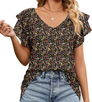 Women's Casual Floral Print V Neck Ruffle Boho Short Sleeve Summer Shirts Tops Loose Blouses T Shirt