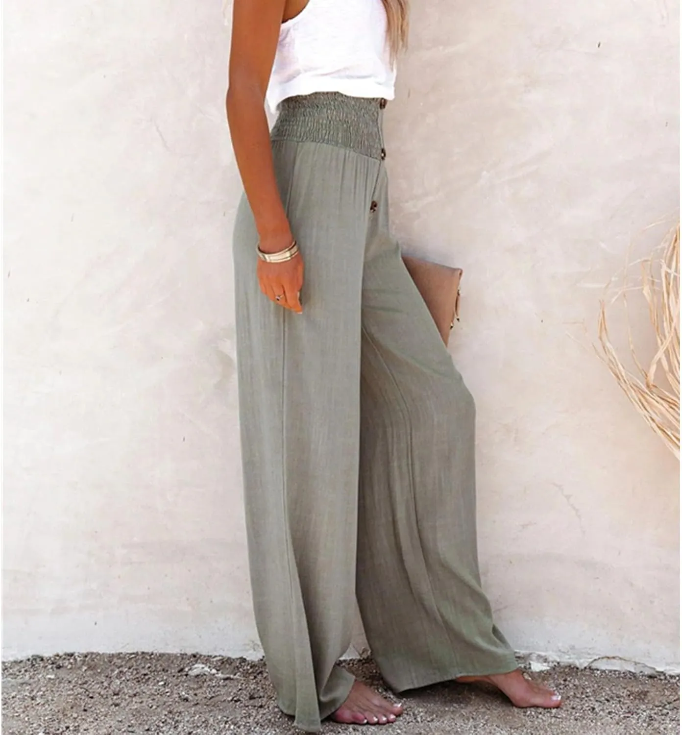 Women's Casual High Waist Button Wide Leg Pants,Summer Loose Cotton Linen Stretch Waist Long Pant,Solid Color Trousers
