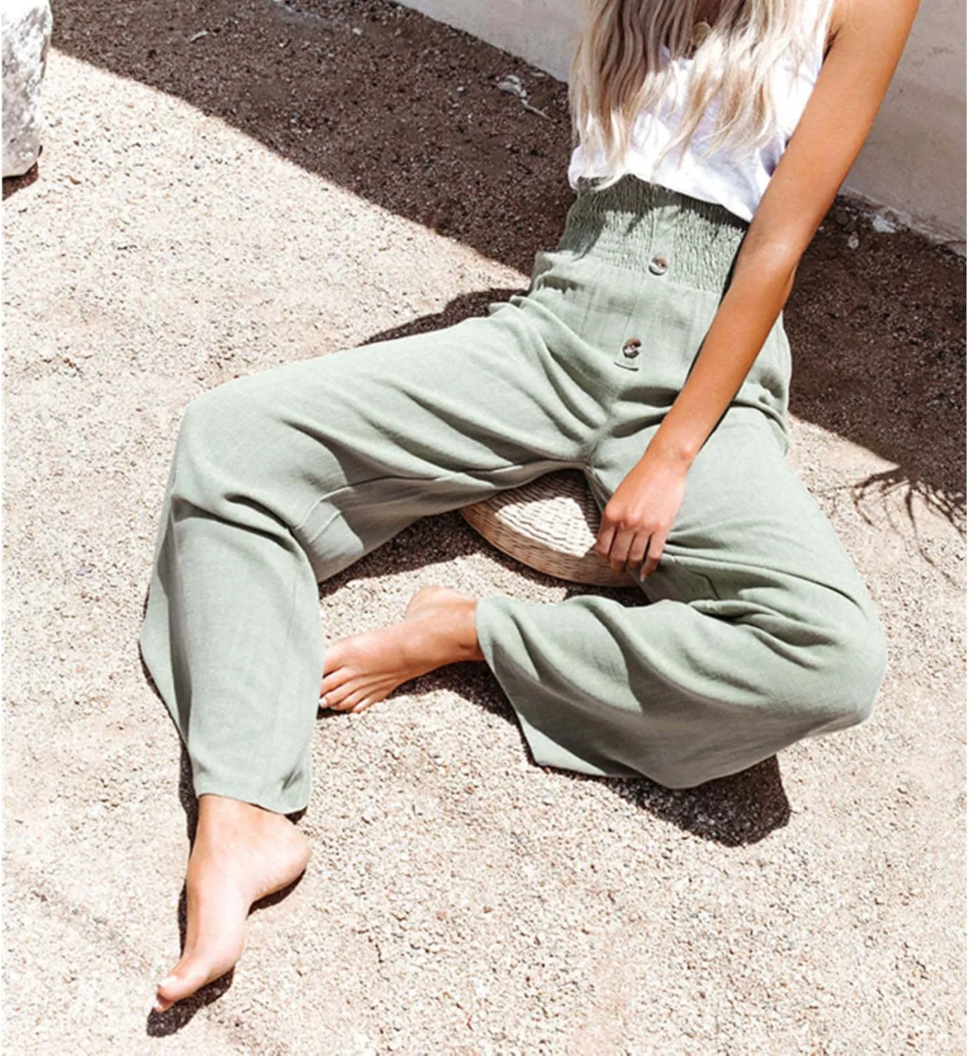 Women's Casual High Waist Button Wide Leg Pants,Summer Loose Cotton Linen Stretch Waist Long Pant,Solid Color Trousers
