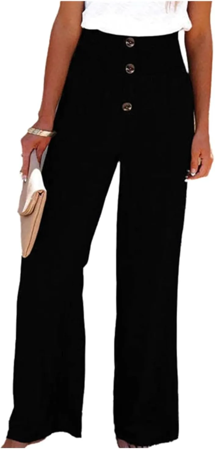 Women's Casual High Waist Button Wide Leg Pants,Summer Loose Cotton Linen Stretch Waist Long Pant,Solid Color Trousers