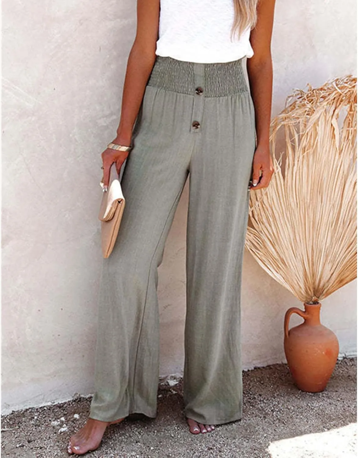 Women's Casual High Waist Button Wide Leg Pants,Summer Loose Cotton Linen Stretch Waist Long Pant,Solid Color Trousers