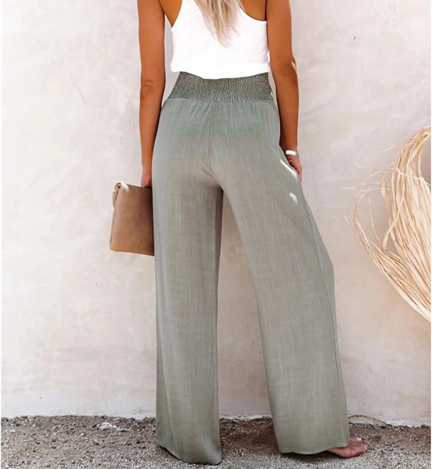 Women's Casual High Waist Button Wide Leg Pants,Summer Loose Cotton Linen Stretch Waist Long Pant,Solid Color Trousers