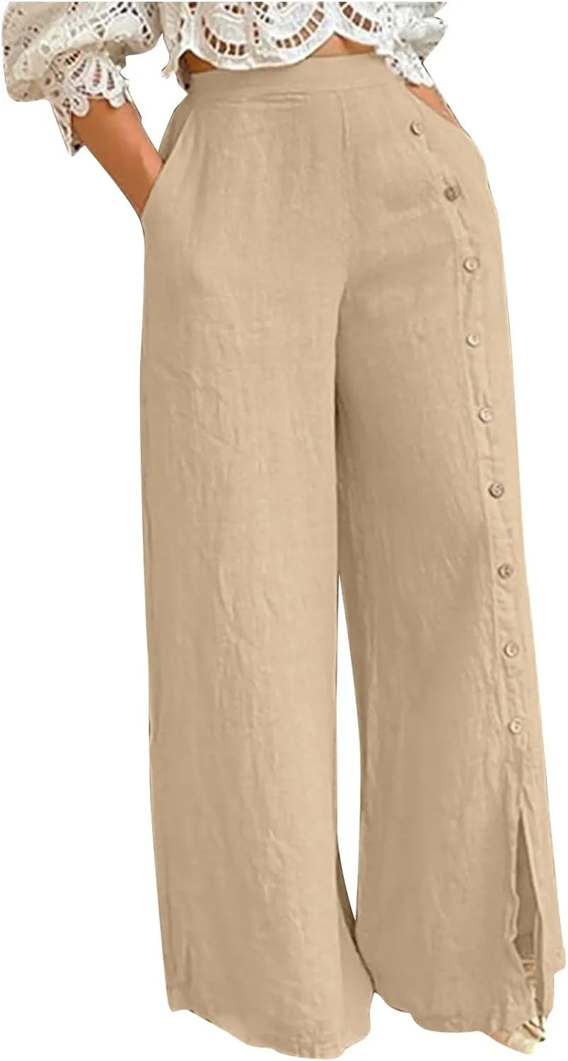 Womens Casual Solid Color Wide Leg Pants Summer High Waisted Elastic Waist Loose Lounge Trousers with Button Decor