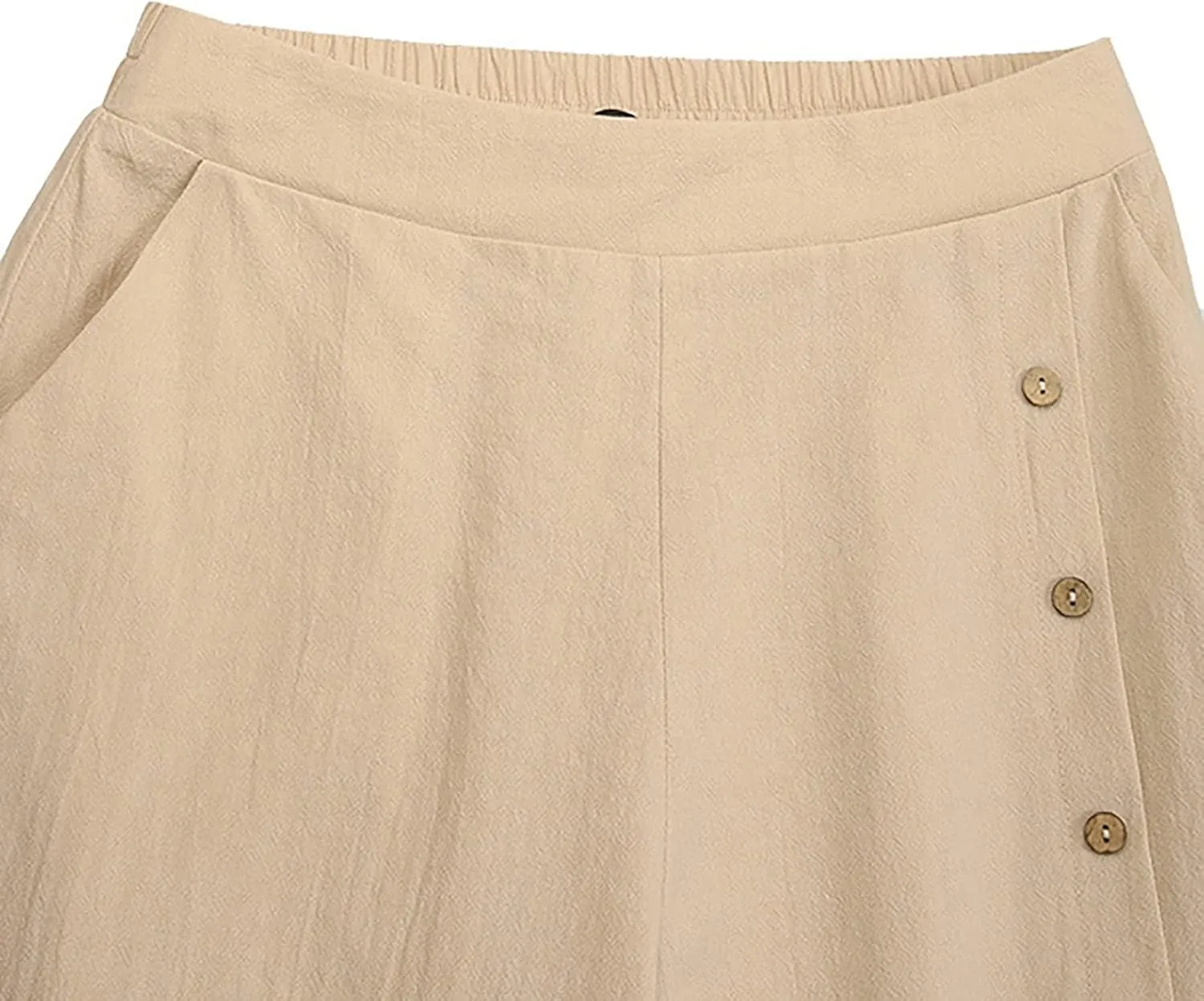 Womens Casual Solid Color Wide Leg Pants Summer High Waisted Elastic Waist Loose Lounge Trousers with Button Decor