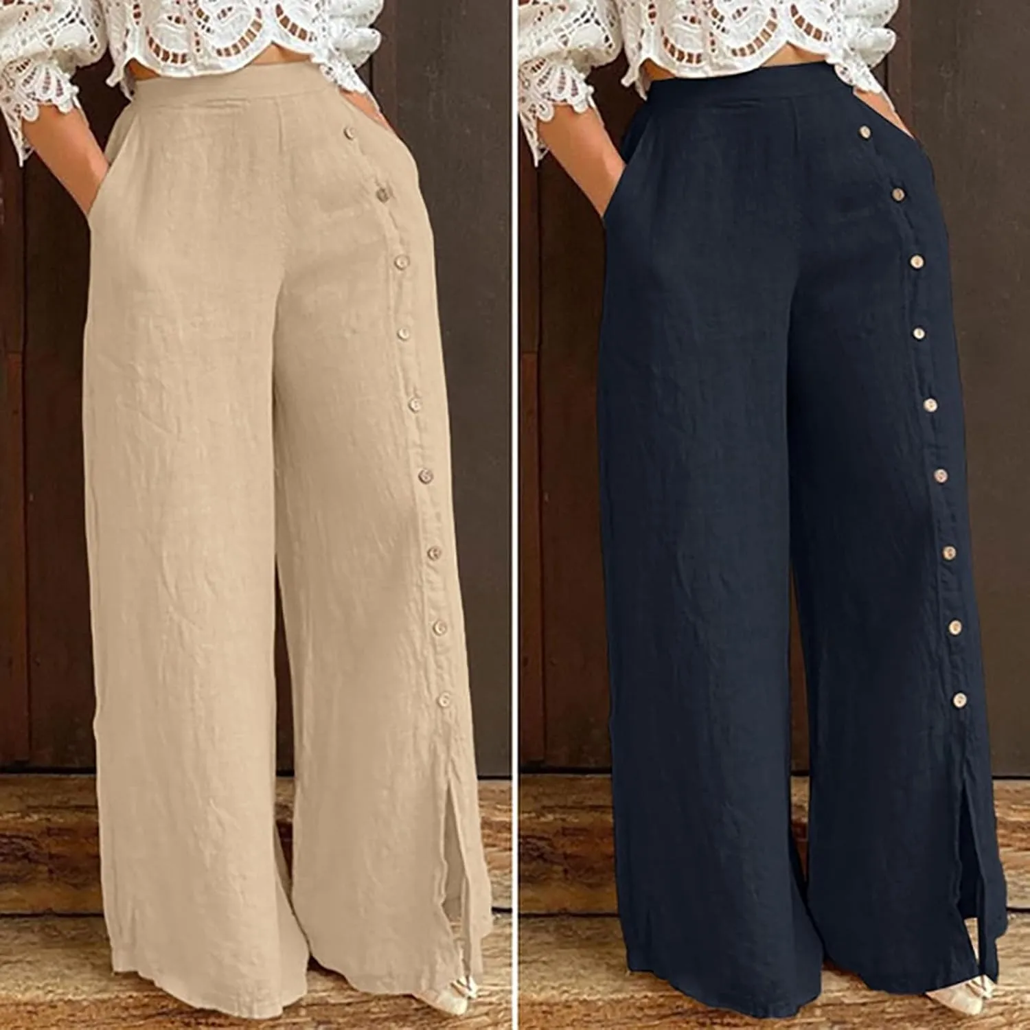 Womens Casual Solid Color Wide Leg Pants Summer High Waisted Elastic Waist Loose Lounge Trousers with Button Decor