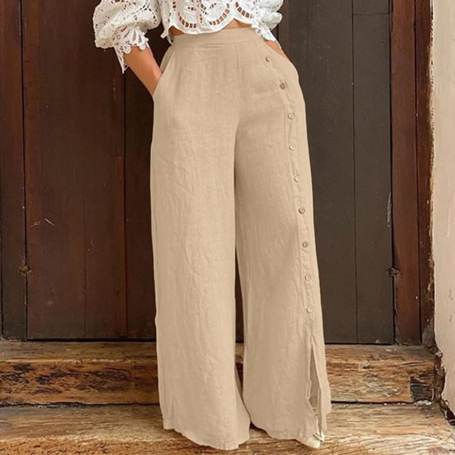 Womens Casual Solid Color Wide Leg Pants Summer High Waisted Elastic Waist Loose Lounge Trousers with Button Decor