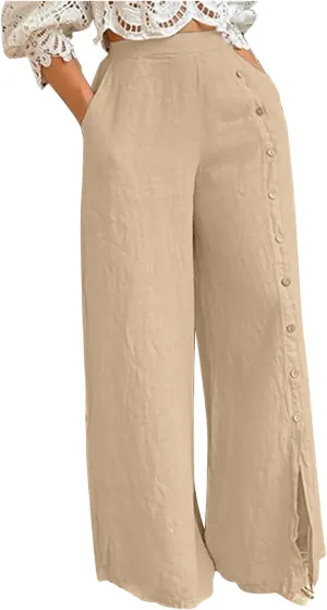 Womens Casual Solid Color Wide Leg Pants Summer High Waisted Elastic Waist Loose Lounge Trousers with Button Decor