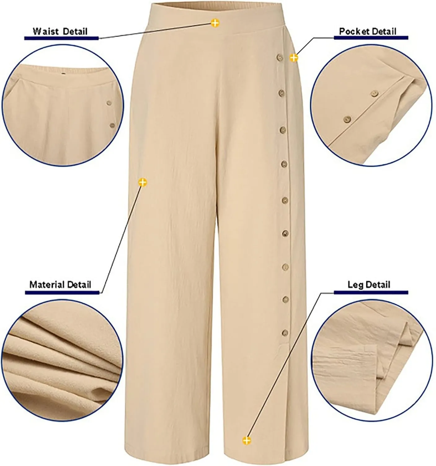 Womens Casual Solid Color Wide Leg Pants Summer High Waisted Elastic Waist Loose Lounge Trousers with Button Decor