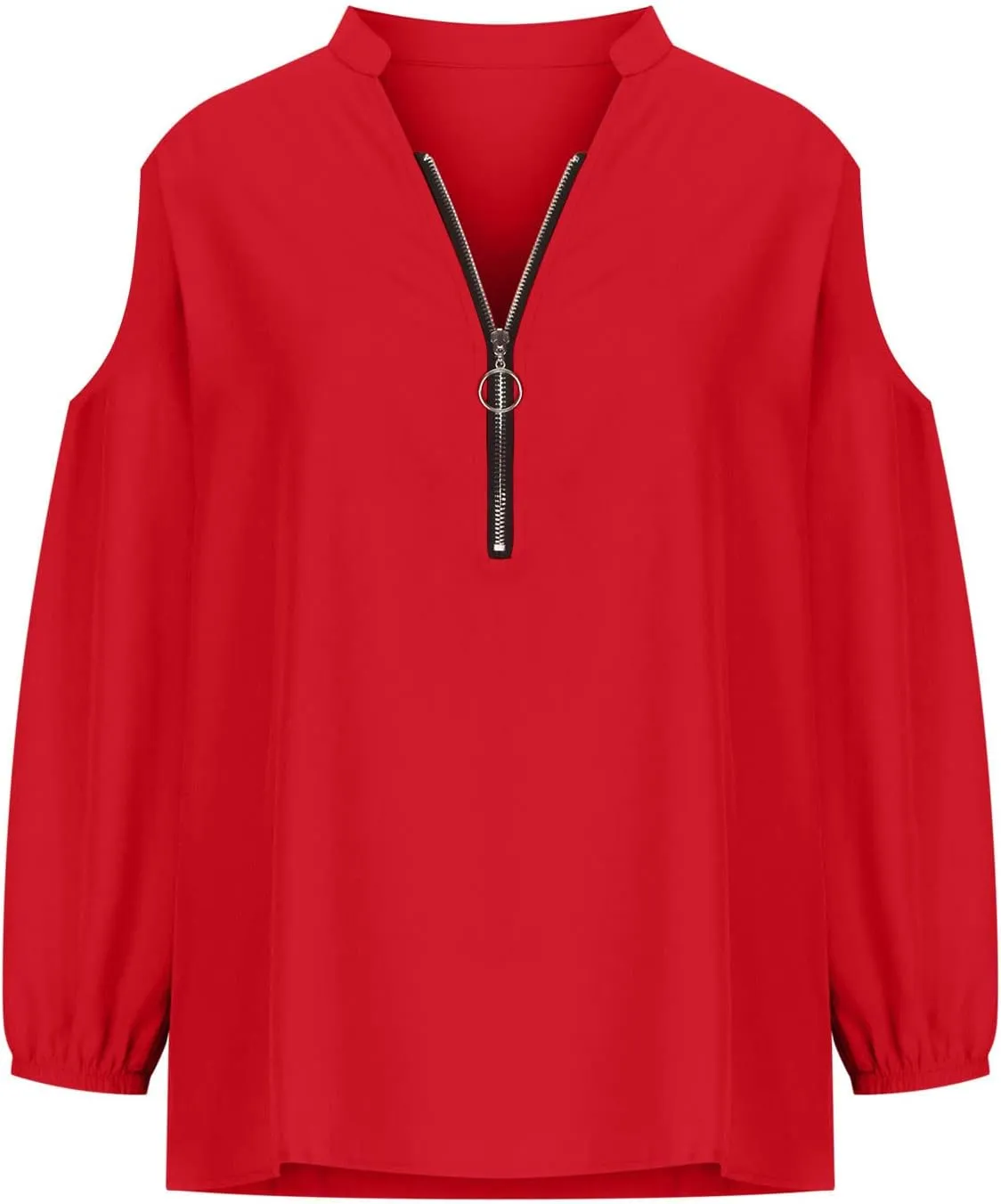 Womens Casual Zip T Shirts Fashion Cutout Long Sleeve Cold Shoulder V Neck Tops Loose Fit Dressy Party Tunic Blouse