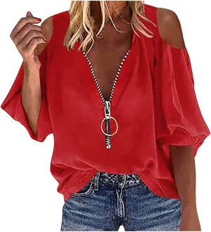Womens Casual Zip T Shirts Fashion Cutout Long Sleeve Cold Shoulder V Neck Tops Loose Fit Dressy Party Tunic Blouse
