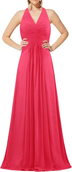 Women's Chiffon Halter Bridesmaid Dresses Long Evening Gowns