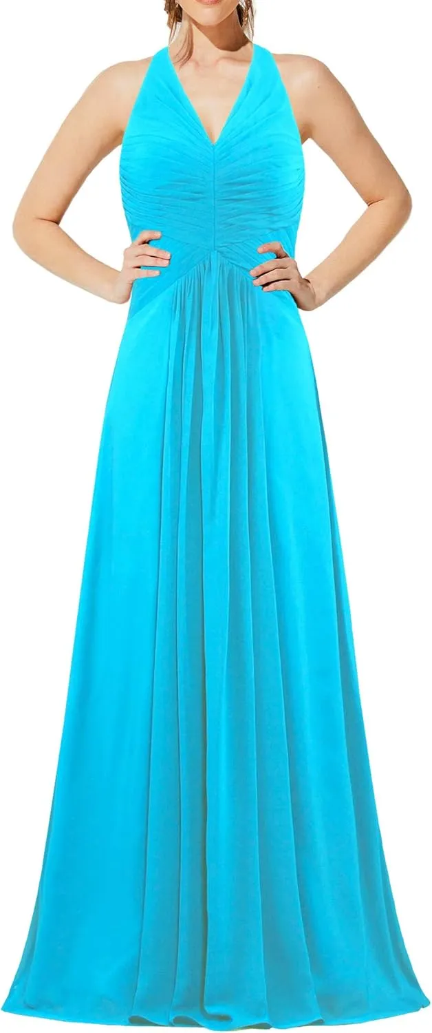 Women's Chiffon Halter Bridesmaid Dresses Long Evening Gowns