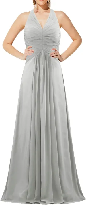 Women's Chiffon Halter Bridesmaid Dresses Long Evening Gowns