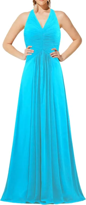 Women's Chiffon Halter Bridesmaid Dresses Long Evening Gowns