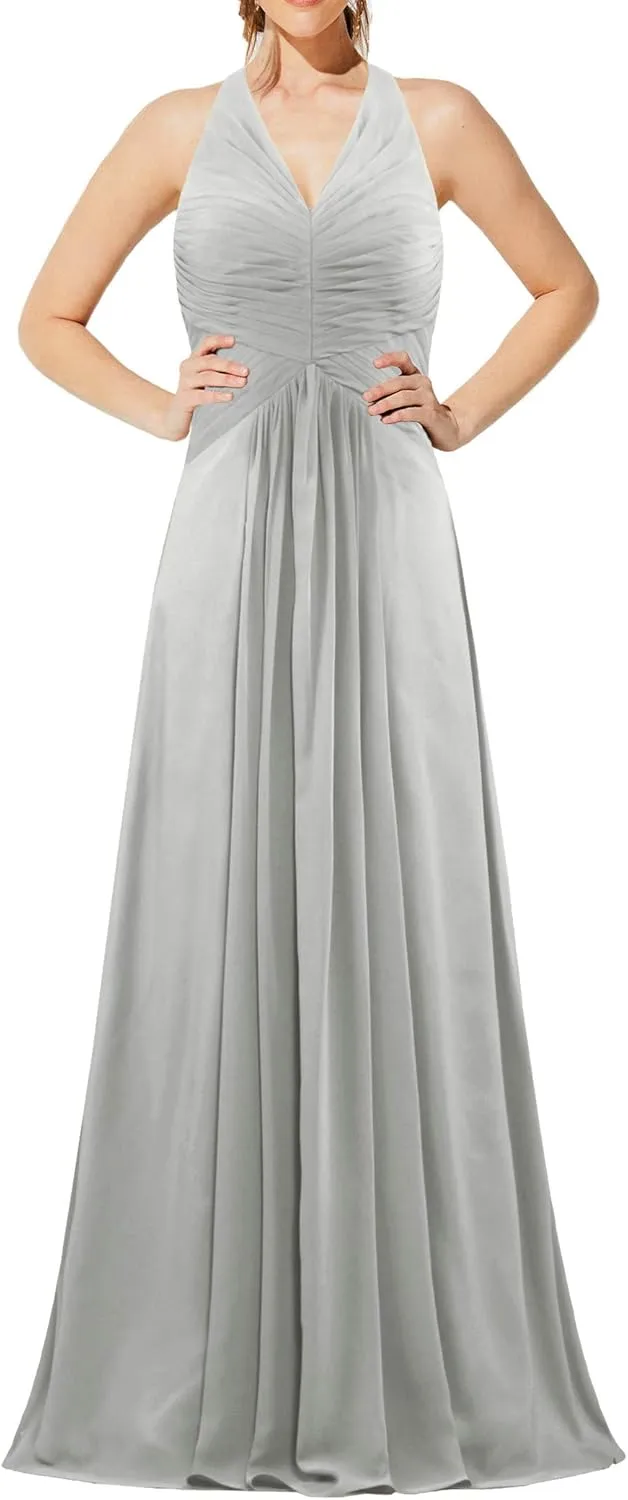 Women's Chiffon Halter Bridesmaid Dresses Long Evening Gowns