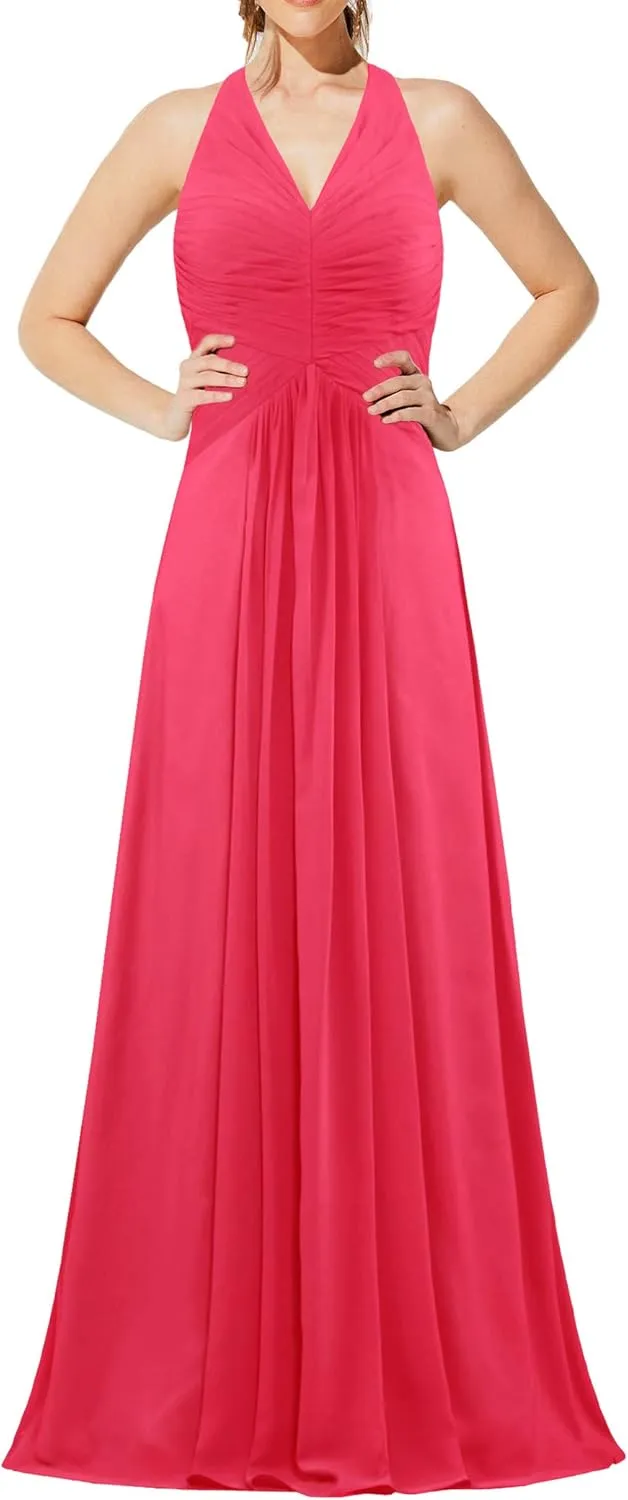 Women's Chiffon Halter Bridesmaid Dresses Long Evening Gowns