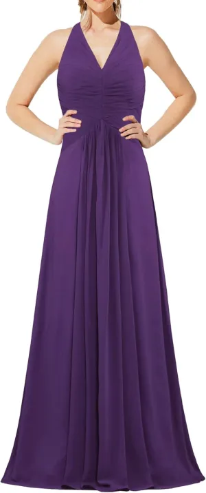 Women's Chiffon Halter Bridesmaid Dresses Long Evening Gowns