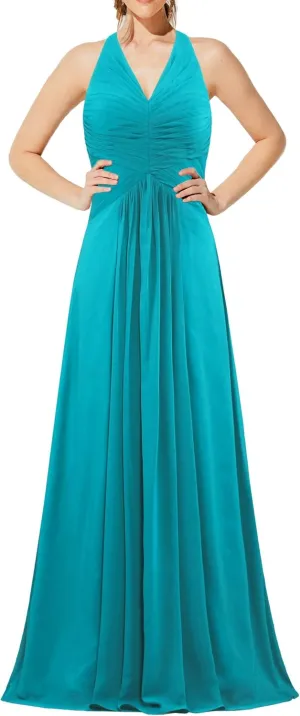 Women's Chiffon Halter Bridesmaid Dresses Long Evening Gowns