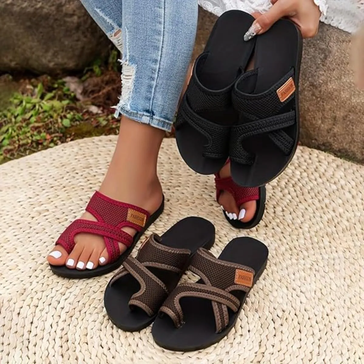 Women's Comfortable Breathable Mesh Flip Flops, Orthopedic Sandals, Women's Hollow Mesh Slide Sandals with Arch Support