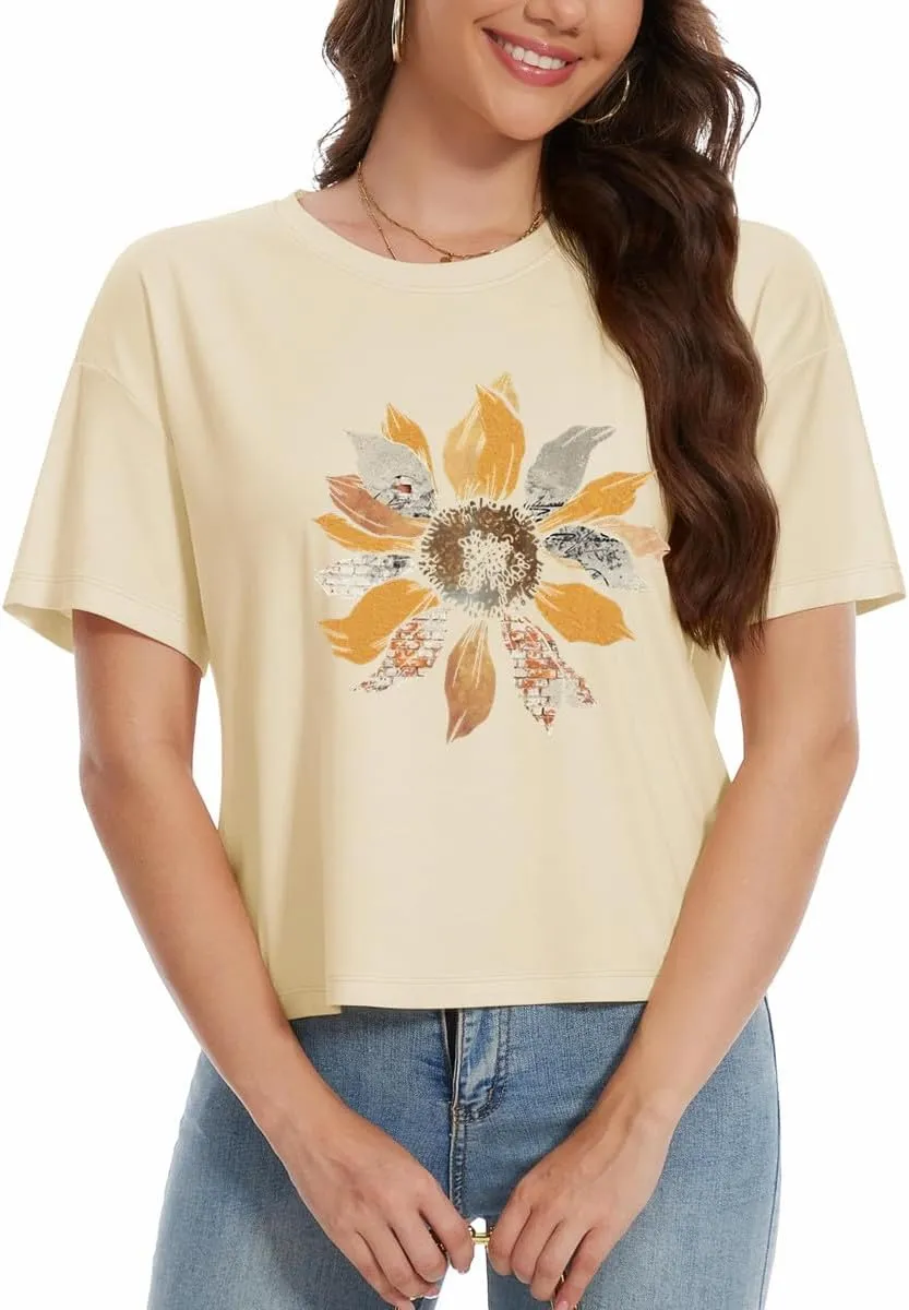 Womens Crop Top T Shirt Wildflower Graphic Tees Short Sleeve Summer Casual Loose Beach Adventure Tops