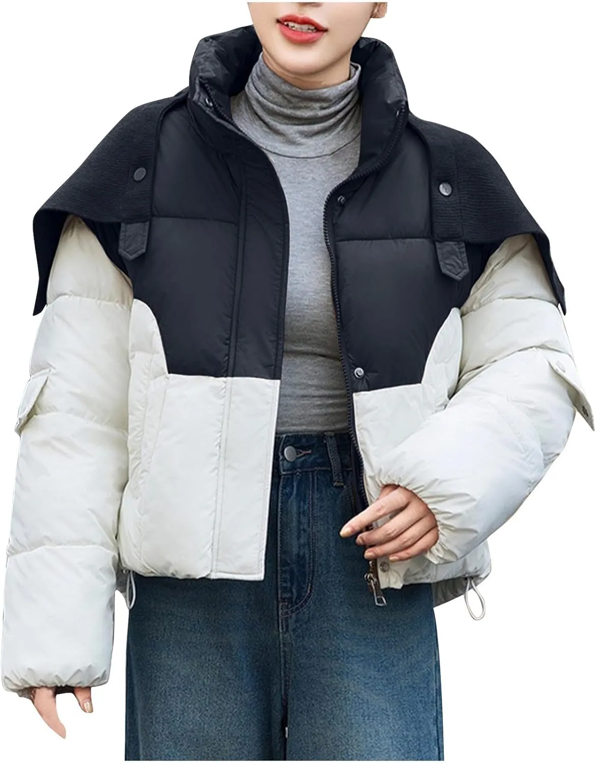 Womens Cropped Puffer Jackets Zip Up Stand Collar Warm Winter Coats Short Padded Down Coats Fashion 2024 Y2K Clothes