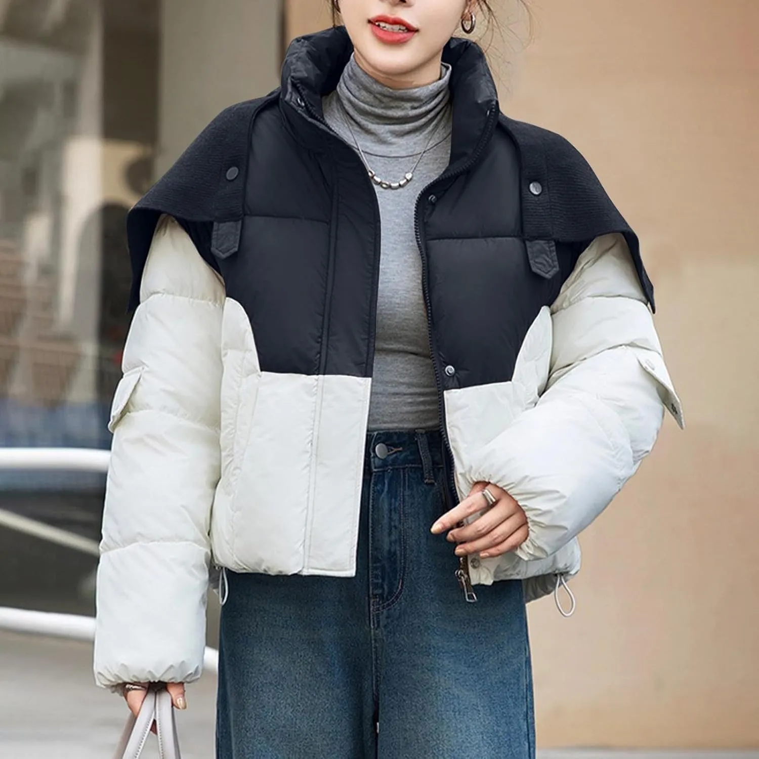 Womens Cropped Puffer Jackets Zip Up Stand Collar Warm Winter Coats Short Padded Down Coats Fashion 2024 Y2K Clothes