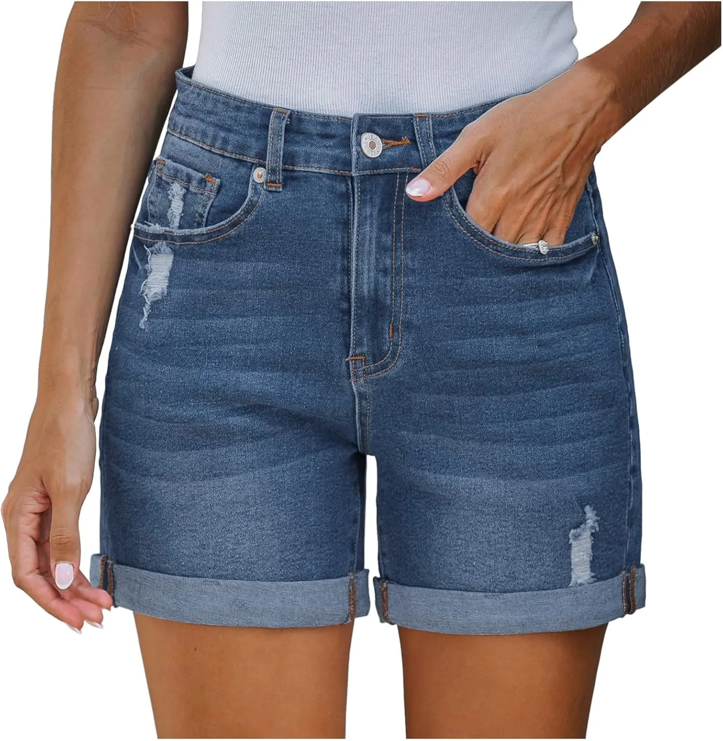 Womens Denim Shorts High Waisted Stretchy Ripped Distressed Folded Hem Jeans Shorts Loose Fit Distressed Cute Jorts