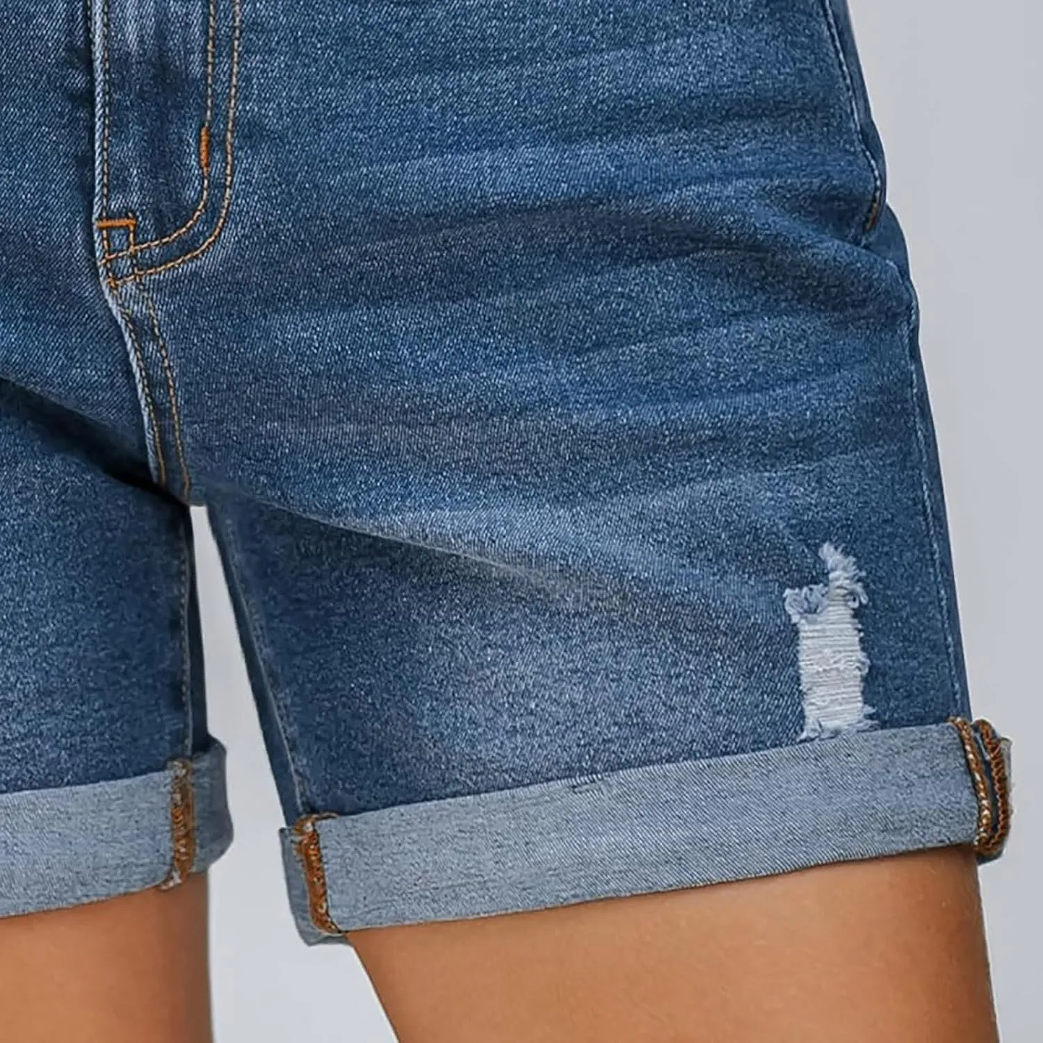 Womens Denim Shorts High Waisted Stretchy Ripped Distressed Folded Hem Jeans Shorts Loose Fit Distressed Cute Jorts