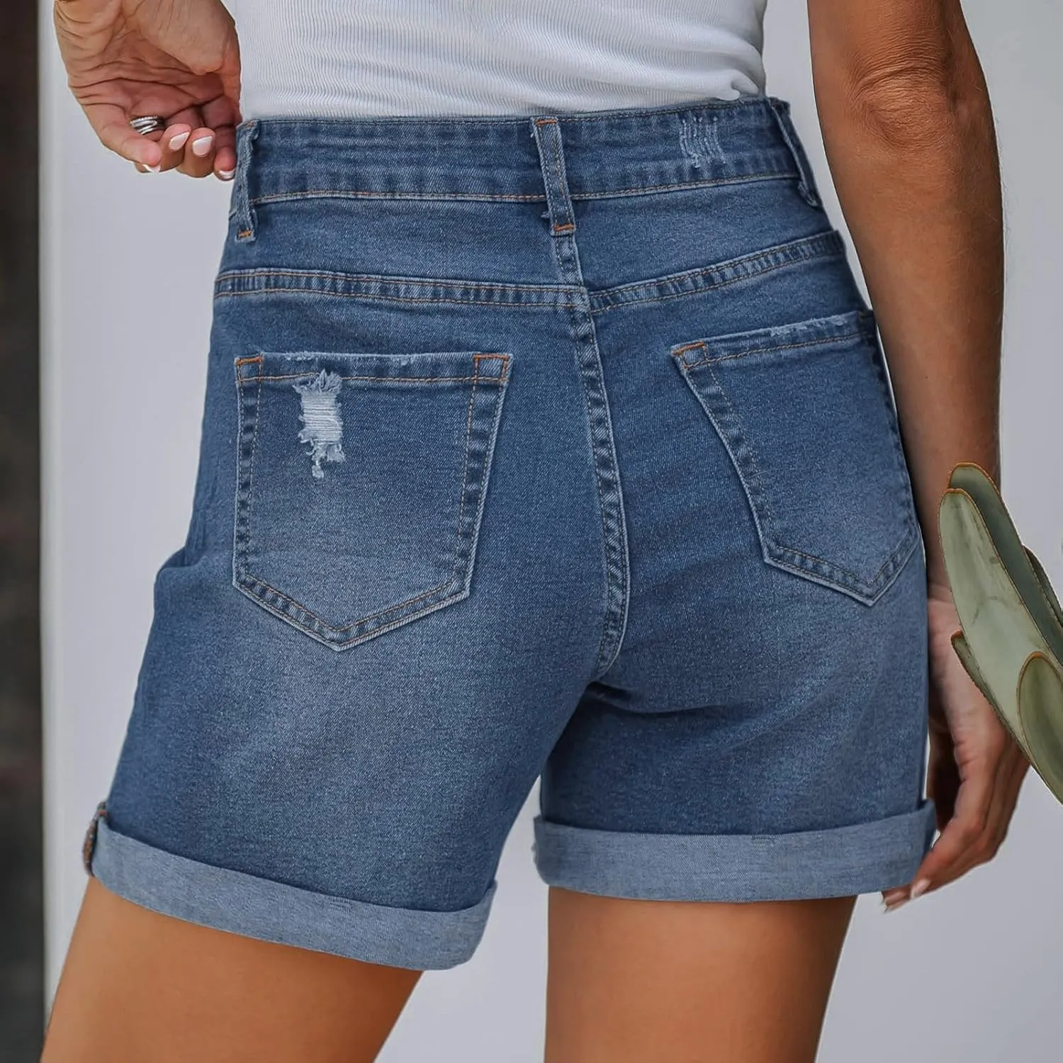 Womens Denim Shorts High Waisted Stretchy Ripped Distressed Folded Hem Jeans Shorts Loose Fit Distressed Cute Jorts