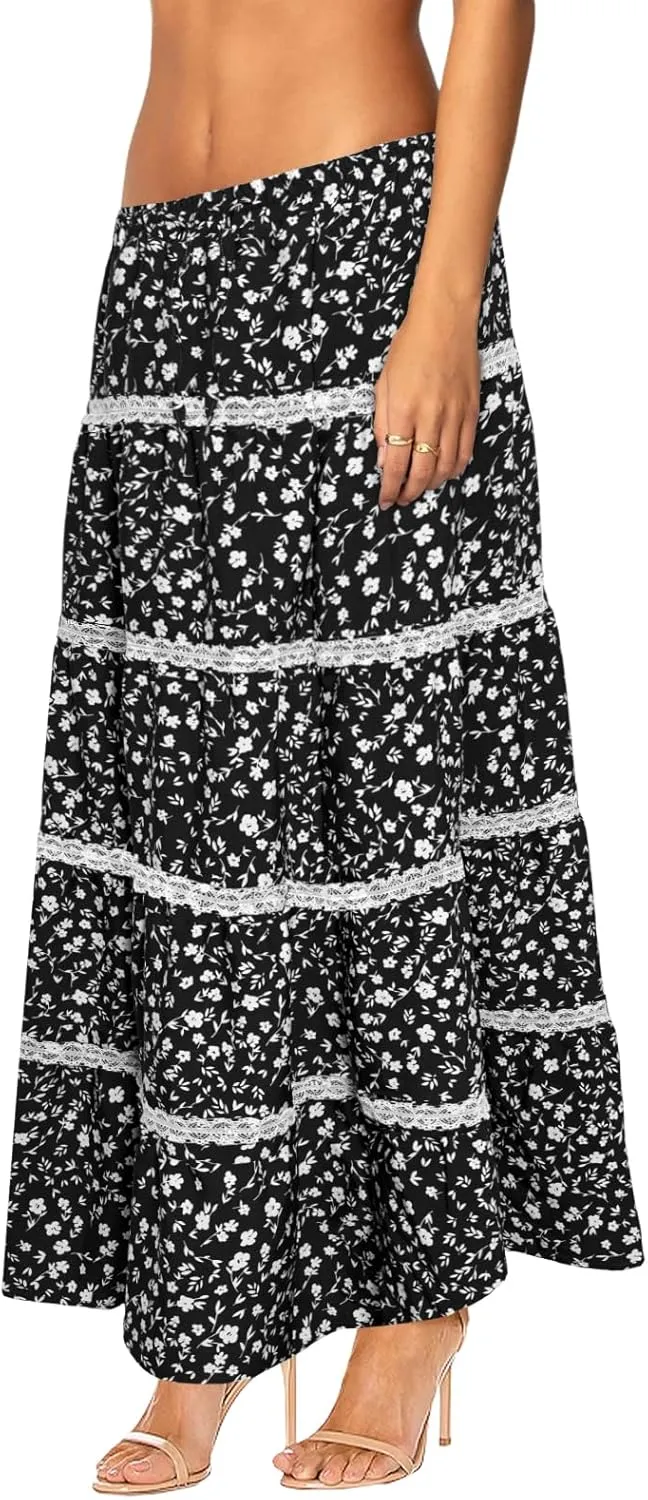 Women's Elastic High Waist Flowy Long Maxi Skirt Lace Crochet Summer Print Pleated Tiered Skirts