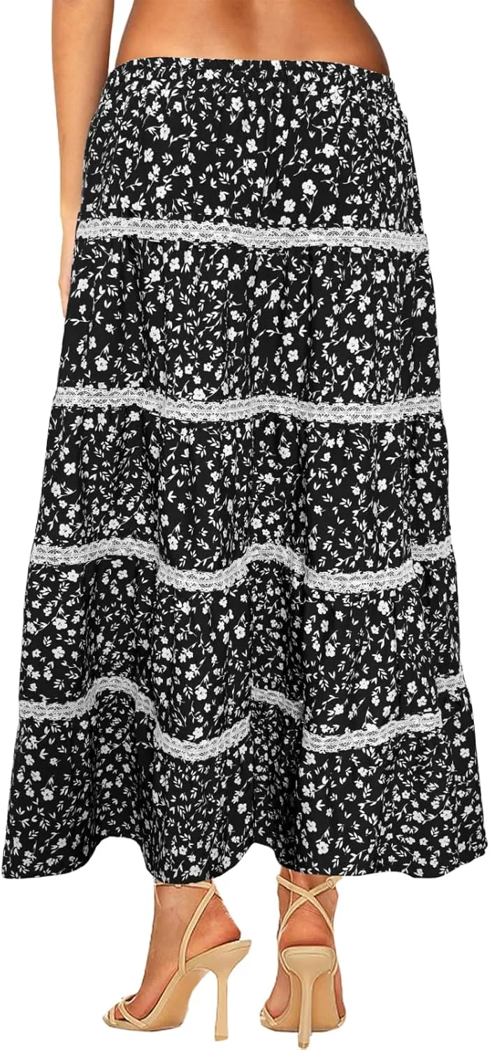 Women's Elastic High Waist Flowy Long Maxi Skirt Lace Crochet Summer Print Pleated Tiered Skirts