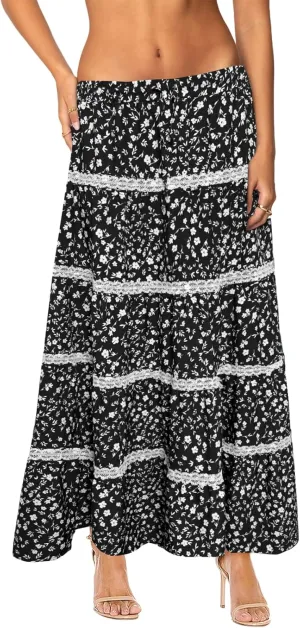 Women's Elastic High Waist Flowy Long Maxi Skirt Lace Crochet Summer Print Pleated Tiered Skirts