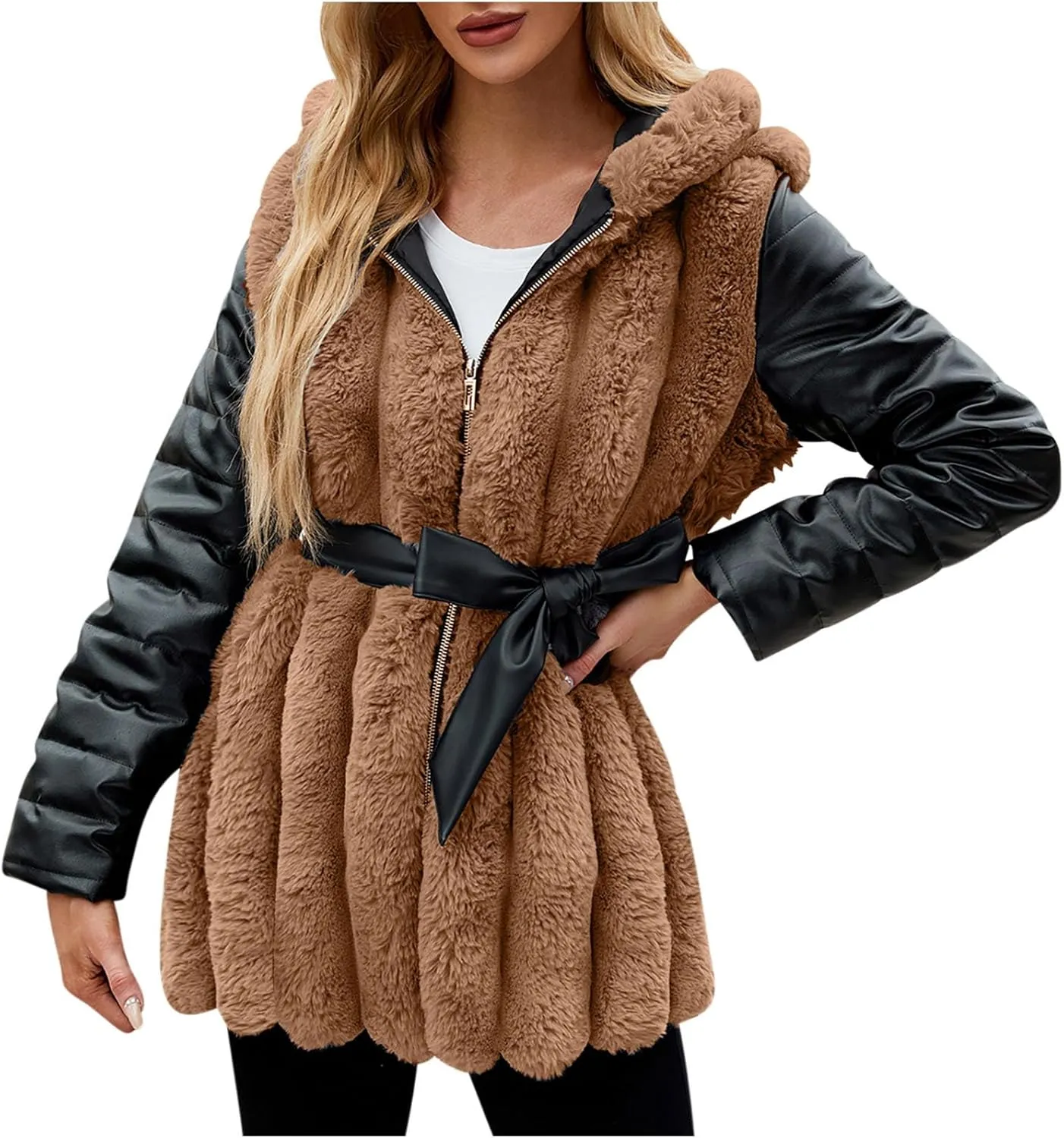 Women's Faux Fur Coats with Hood Thicken Moto Biker Jackets Warm Winter Coats Belted Fleece Fuzzy Sherpa Trench Coats