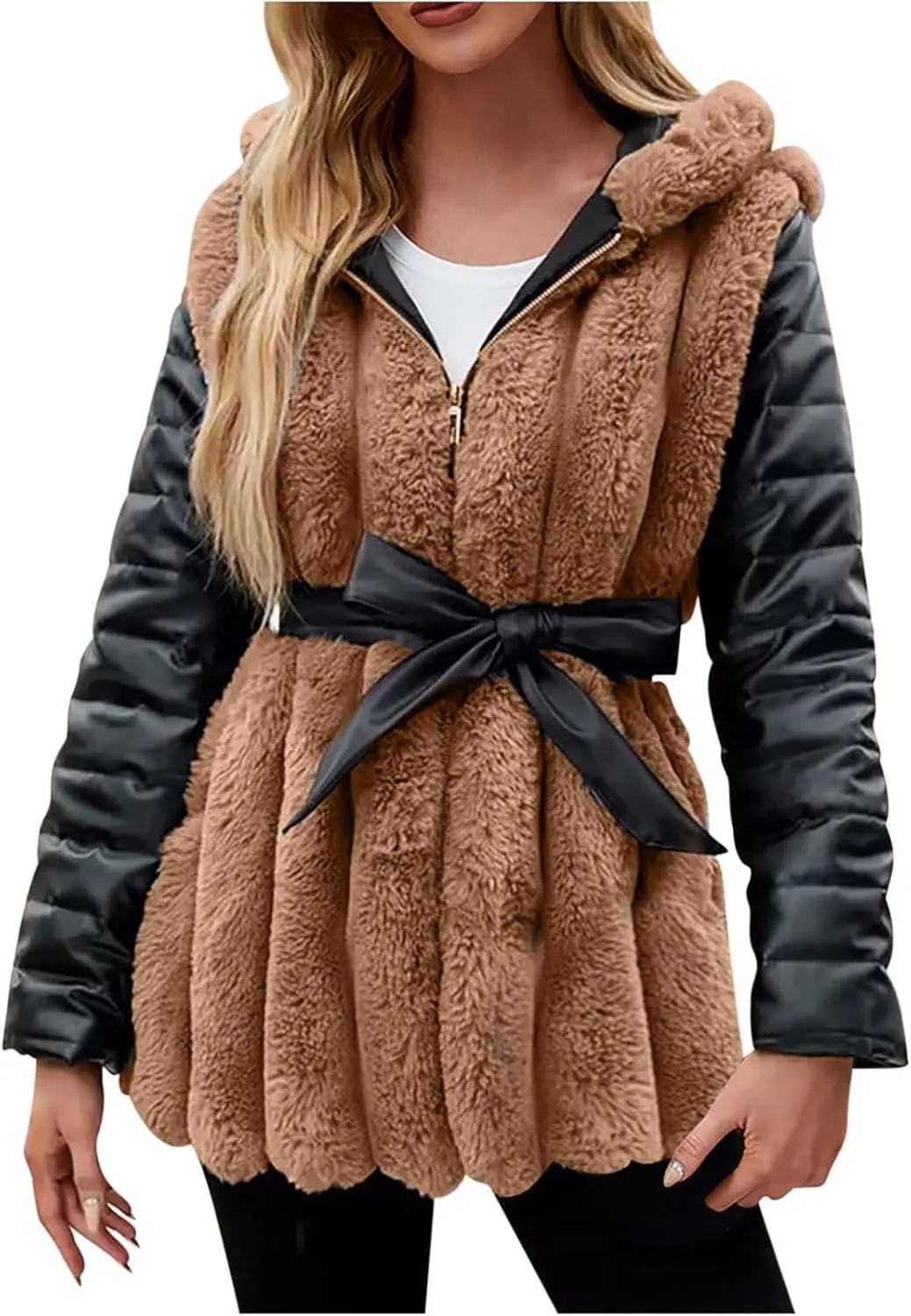 Women's Faux Fur Coats with Hood Thicken Moto Biker Jackets Warm Winter Coats Belted Fleece Fuzzy Sherpa Trench Coats