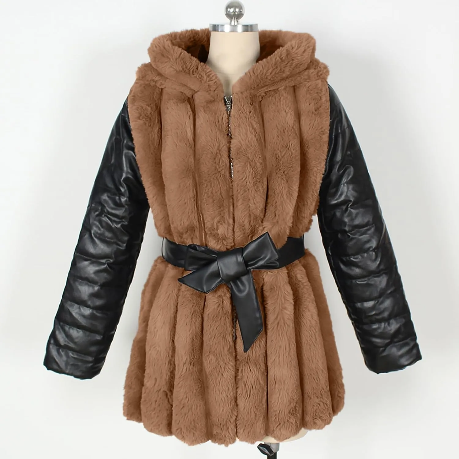 Women's Faux Fur Coats with Hood Thicken Moto Biker Jackets Warm Winter Coats Belted Fleece Fuzzy Sherpa Trench Coats