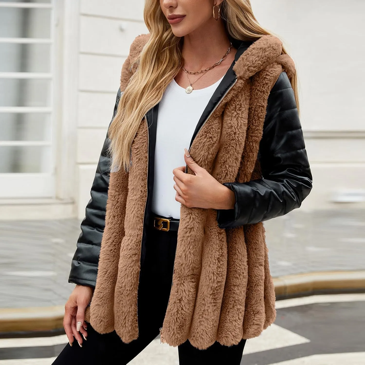 Women's Faux Fur Coats with Hood Thicken Moto Biker Jackets Warm Winter Coats Belted Fleece Fuzzy Sherpa Trench Coats