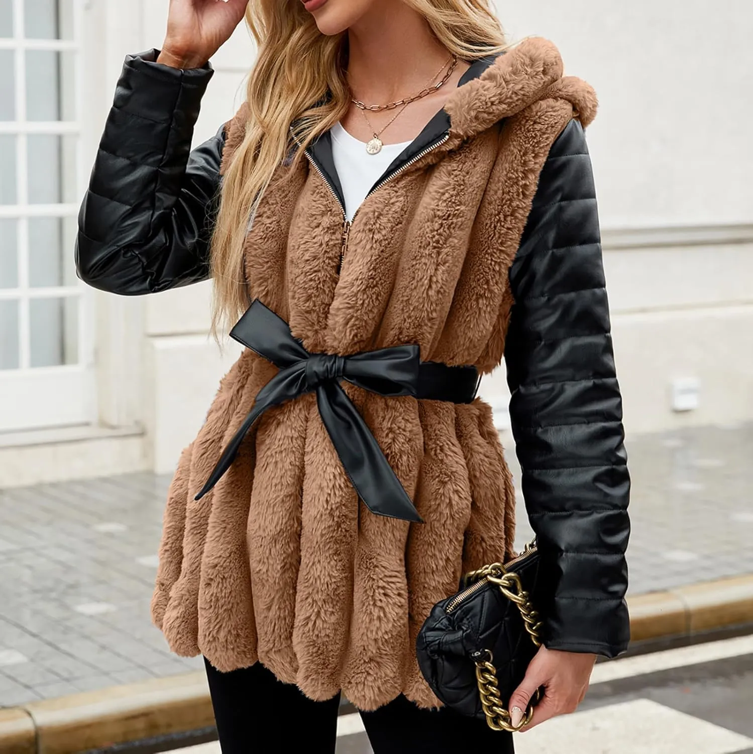 Women's Faux Fur Coats with Hood Thicken Moto Biker Jackets Warm Winter Coats Belted Fleece Fuzzy Sherpa Trench Coats