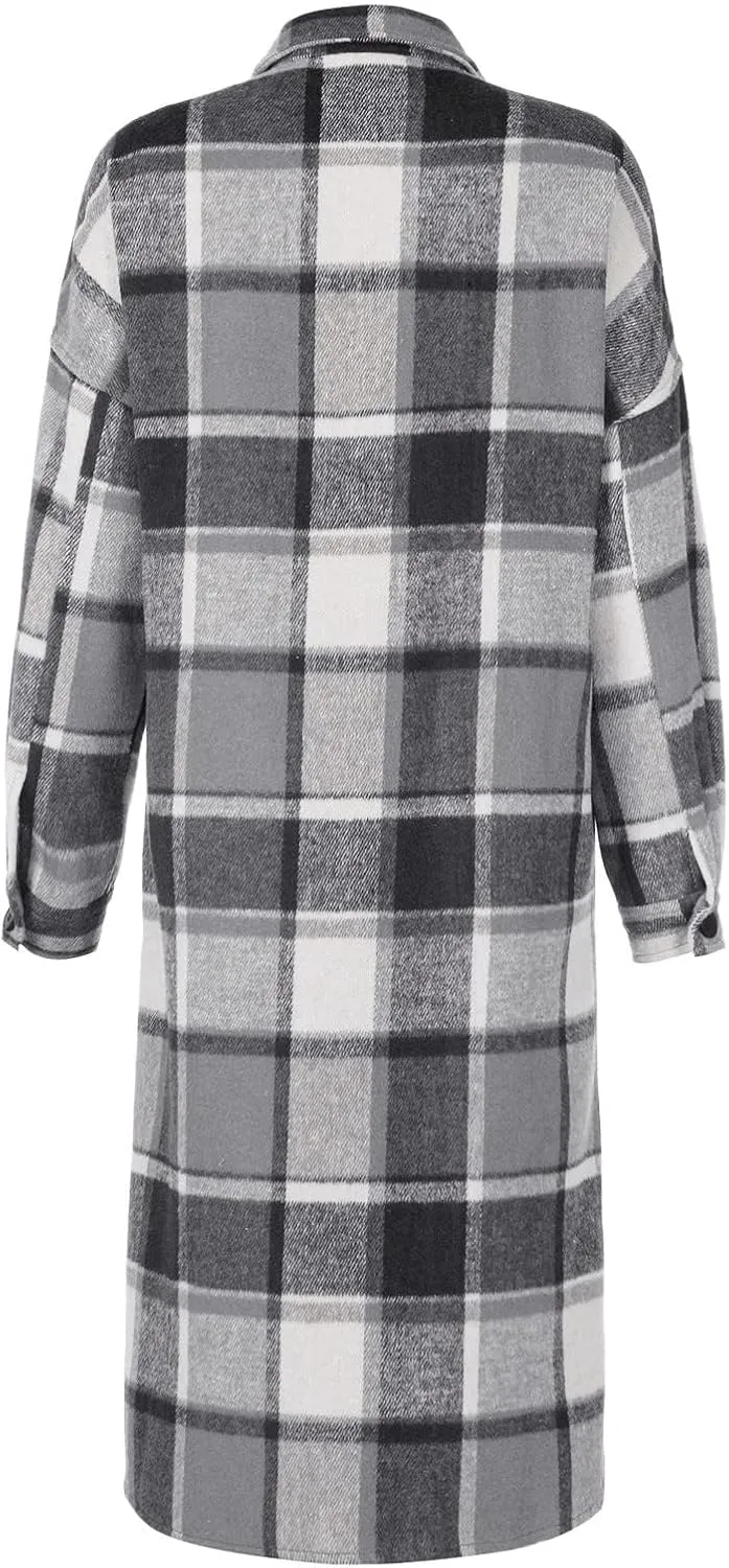 Womens Flannel Plaid Shacket Long Lapel Wool Blend Coat Loose Fit Button Down Lapel Trench Coat