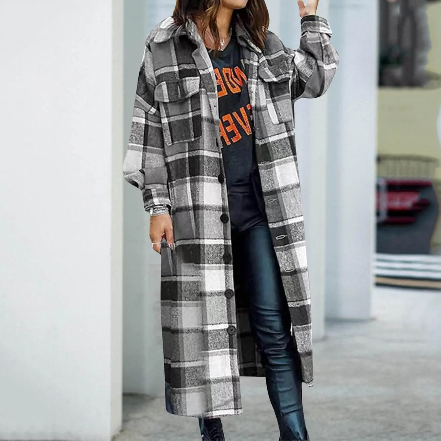 Womens Flannel Plaid Shacket Long Lapel Wool Blend Coat Loose Fit Button Down Lapel Trench Coat