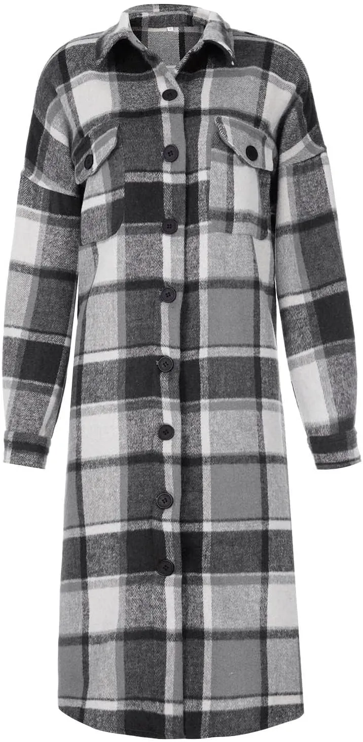 Womens Flannel Plaid Shacket Long Lapel Wool Blend Coat Loose Fit Button Down Lapel Trench Coat
