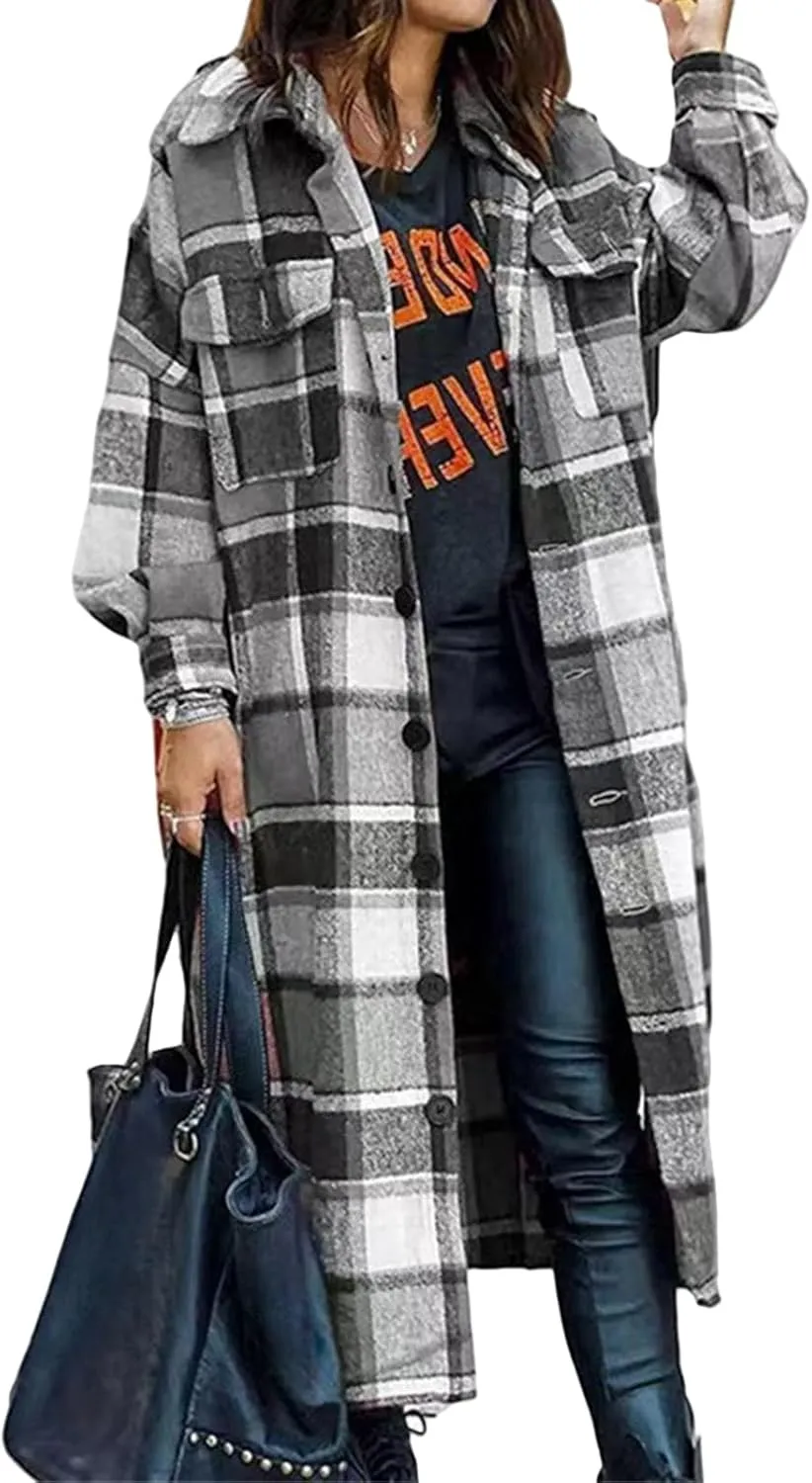 Womens Flannel Plaid Shacket Long Lapel Wool Blend Coat Loose Fit Button Down Lapel Trench Coat