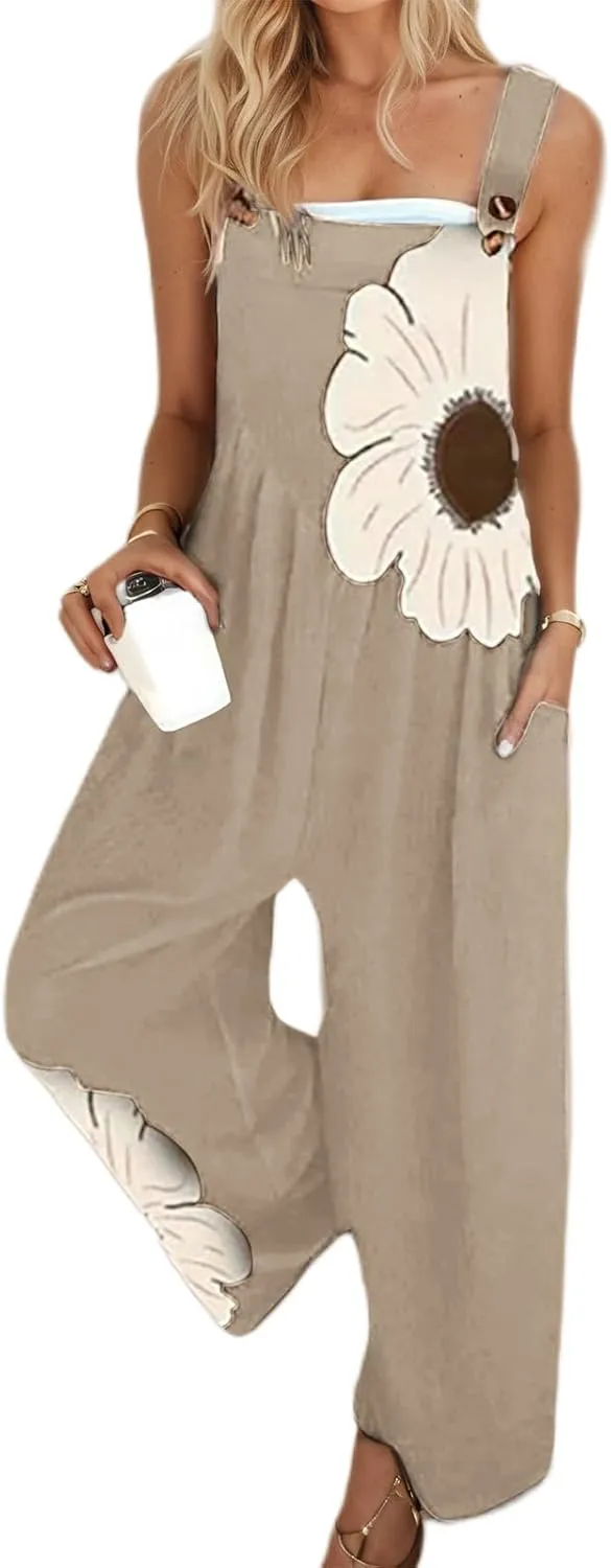 Women's Floral Print Jumpsuits Summer Boho One Piece Sleeveless Wide Leg Long Pants Rompers with Pockets